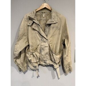Free People Distressed Utility Jacket With Pockets Button & Snap Closure‎ Sz Sm